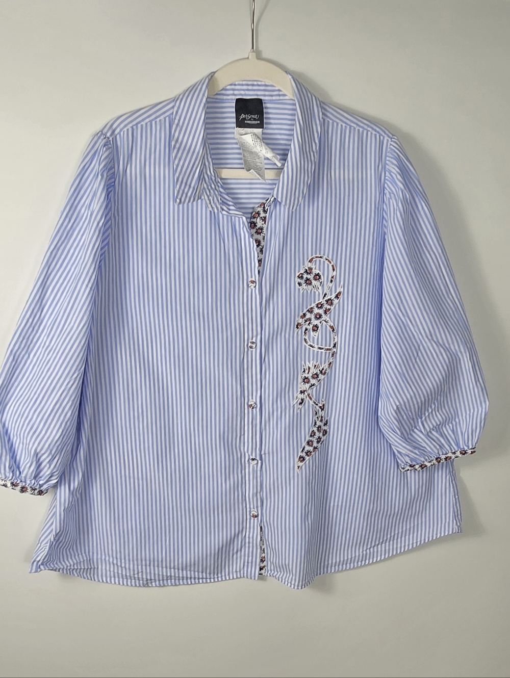 Persona by Marina Rinaldi Light Blue & White Striped Shirt with Floral Trim